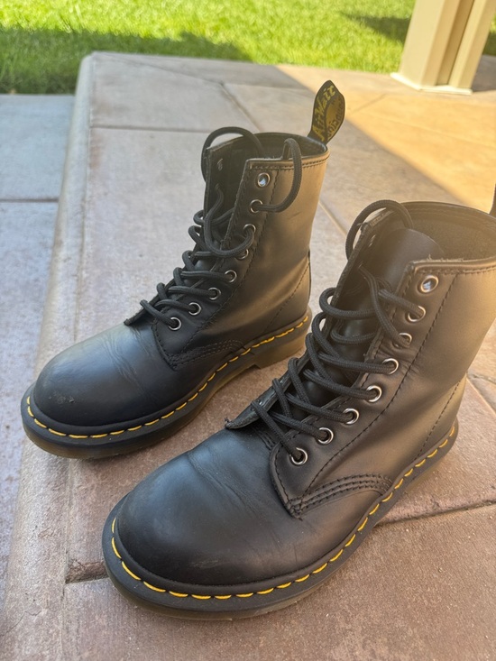 Dr. Martens Shoes - Dr. Martens Black Leather 8-Eye Boots with Yellow Stitching